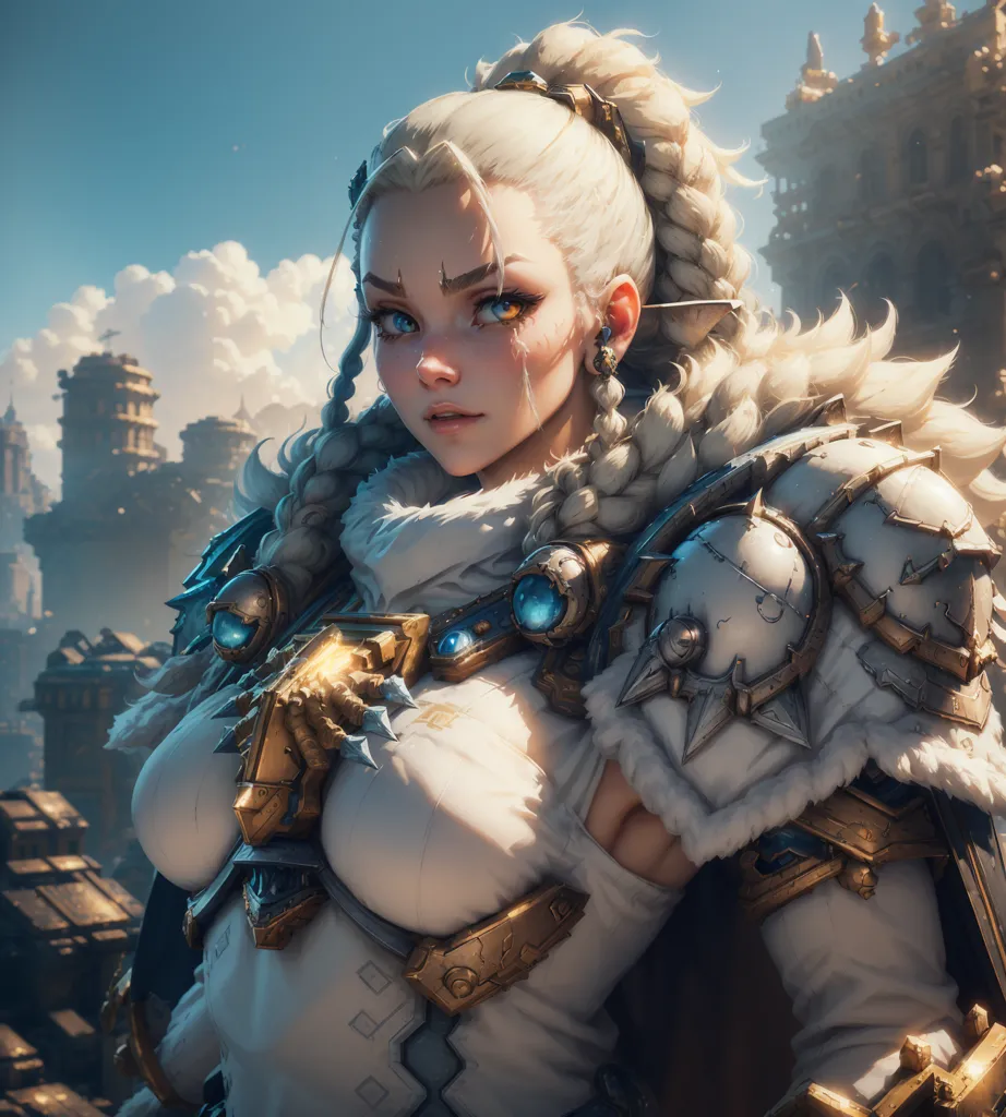 The image shows a female warrior with blonde hair and blue eyes. She is wearing a white and gold armor with a fur cape. She is standing in a ruined city with a large tower in the background. The sky is blue with some clo