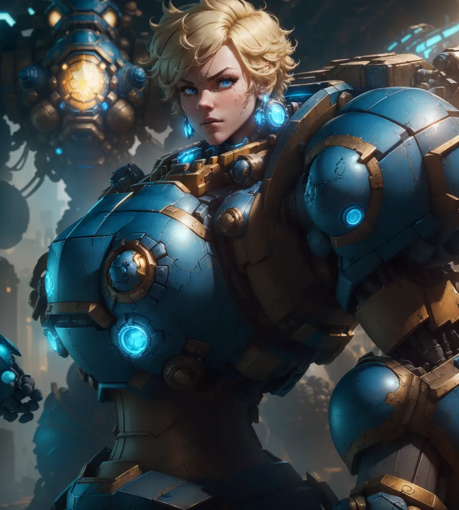 The image shows a female character with blonde hair and blue eyes. She is wearing a blue and gold armor with a large sphere on her chest. The armor has blue lights on it. She is standing in a dark room with a large robot behind her.