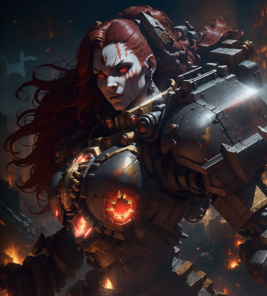 The image shows a female warrior in a dark, war-torn environment. She is wearing a black and red power armor with a red glowing eye lens. She has long red hair and a stern expression on her face. She is holding a large gun in her right hand. The background is a dark, fiery orange color.