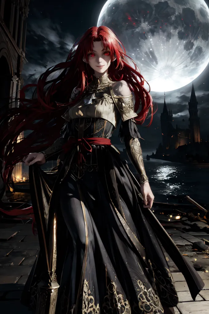 Esta es una imagen de una mujer de pie frente a un castillo oscuro. La mujer viste un vestido negro y rojo y tiene el cabello largo y rojo. Sostiene un bastón en su mano derecha. El castillo está en el fondo y está rodeado por un bosque oscuro. La luna está llena y brilla intensamente en el cielo.