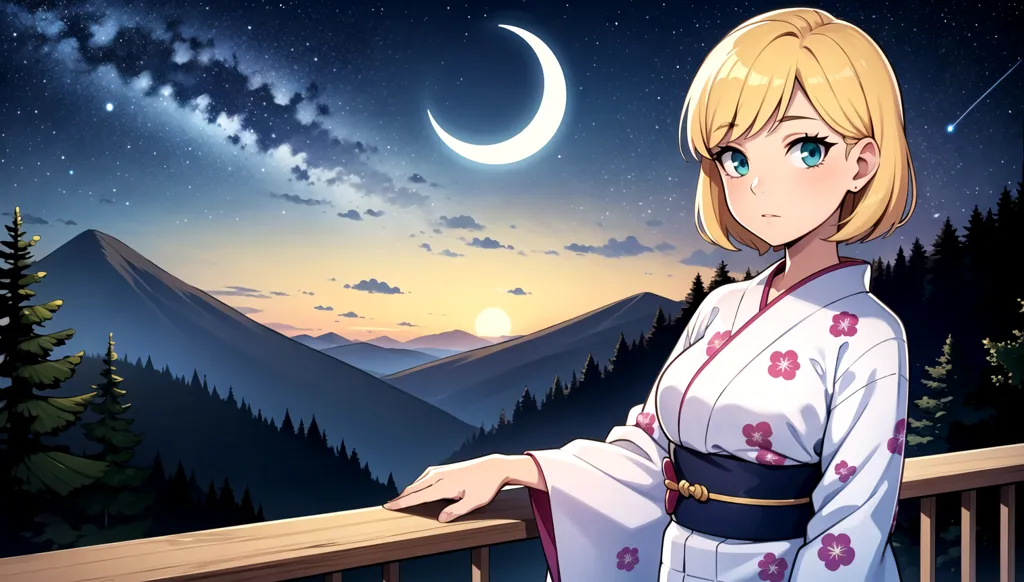 The image is a beautiful anime girl with blonde hair and blue eyes. She is wearing a white kimono with pink flowers. She is standing on a balcony, leaning on the railing. In the background, there is a mountain landscape with a crescent moon in the sky. The sky is dark blue and there are many stars. The image is very peaceful and serene.