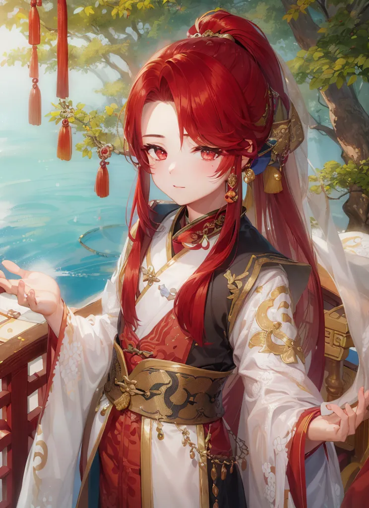 The image shows a young woman with long red hair and red eyes. She is wearing a traditional Chinese dress with a white and red outer robe and a red and gold inner robe. The dress is decorated with intricate patterns and gold trim. The woman is standing in a lush garden with a lake in the background. There are green trees and red flowers in the garden. The woman is holding a fan in her right hand. She has a gentle smile on her face.