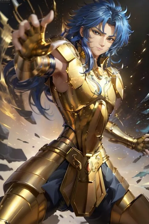 Esta es una ilustración de un personaje de la serie de anime "Saint Seiya". El personaje es Aiolos, un Caballero Dorado. Está usando su armadura dorada y está en posición de combate. Tiene el cabello azul largo y ojos azules. El fondo es de color azul oscuro con algunos destellos de azul claro.