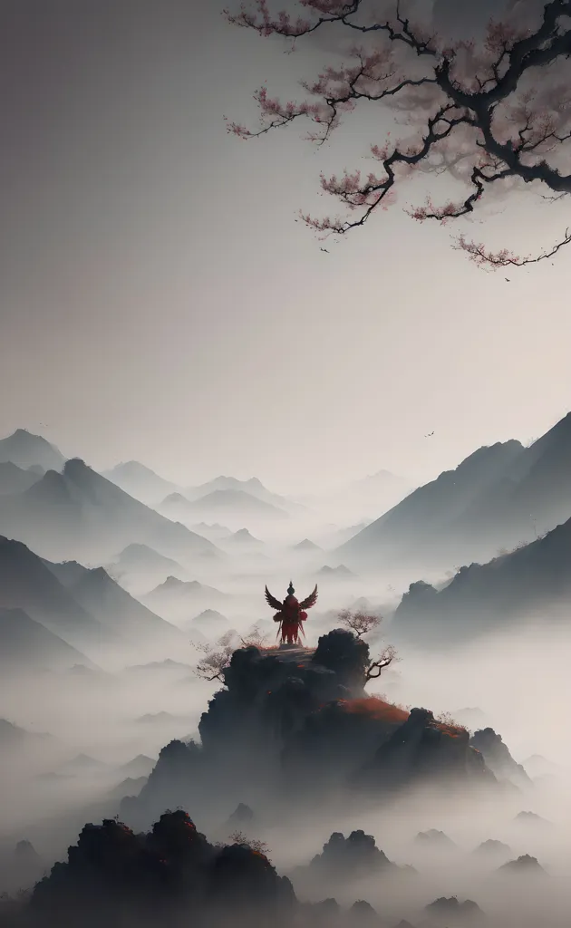 The image is a misty mountain landscape in shades of grey and blue with a red-cloaked figure with outspread wings standing on a rocky outcropping in the foreground. There is a bare tree with pink blossoms to the right of the figure.