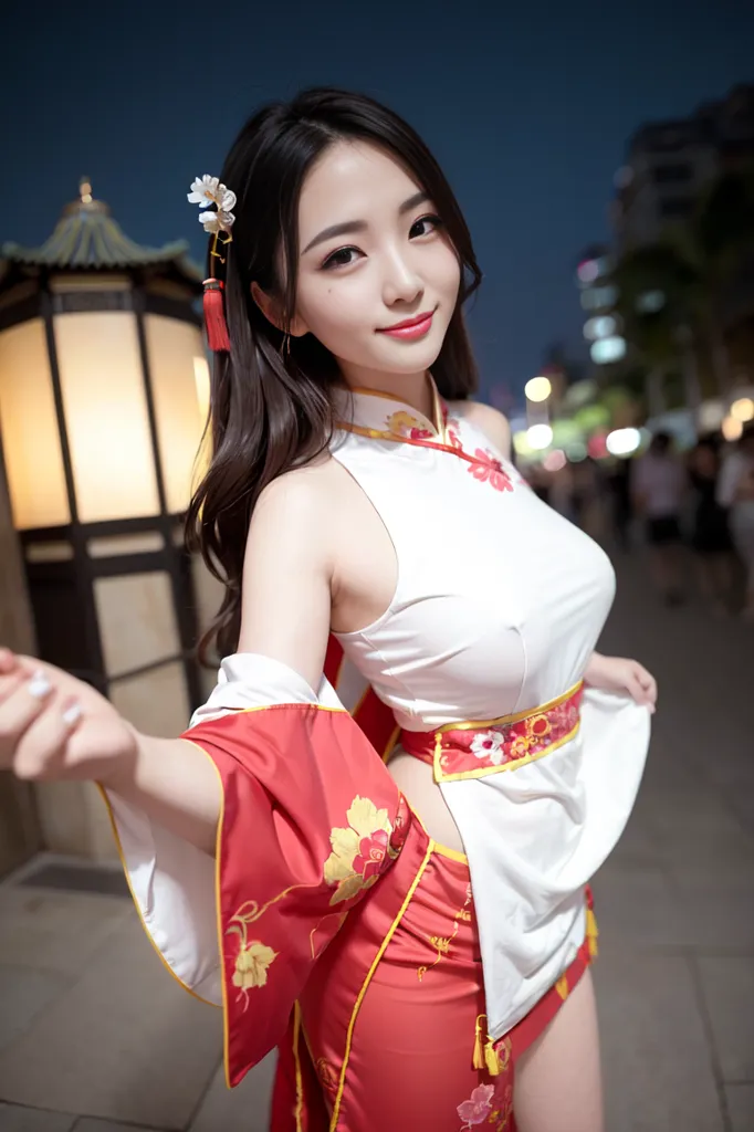 この画像には、伝統的な中国の服を着た若い女性が写っています。ドレスは白地に赤と桃色の花柄が描かれています。女性は長い黒髪で、カメラに向かって微笑んでいます。伝統的な中国の建物の前に立っています。建物からは赤い提灯が吊るされ、提灯の明かりが通りを照らしています。