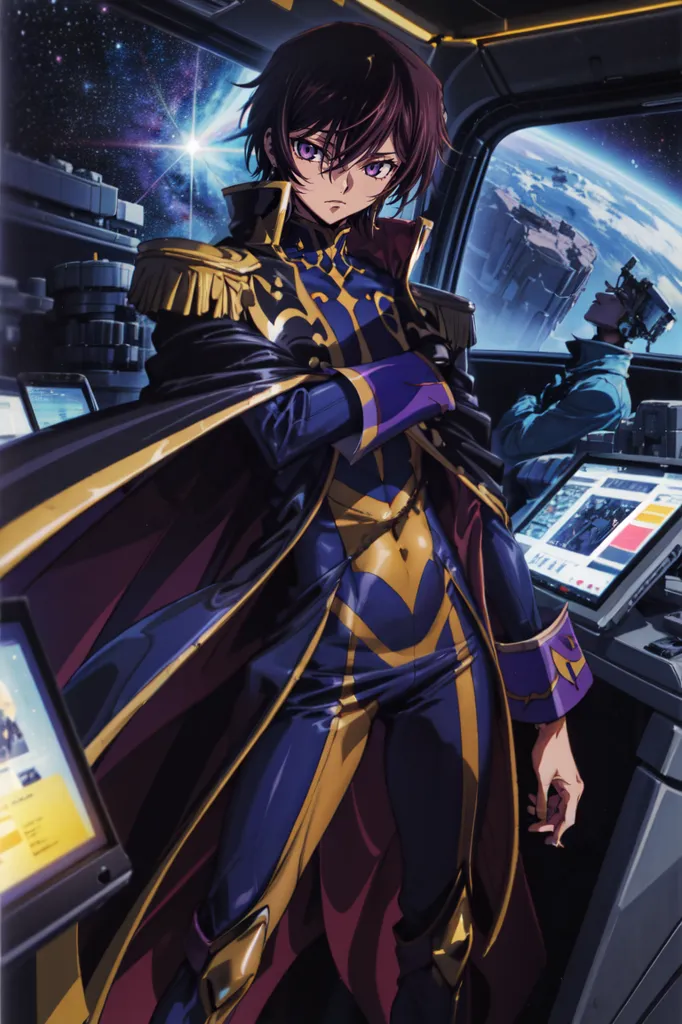 The image shows a young man with purple hair and eyes wearing a purple and gold military uniform. He is standing in a spaceship, with a large window behind him showing a view of space. There are control panels and other equipment in the spaceship.