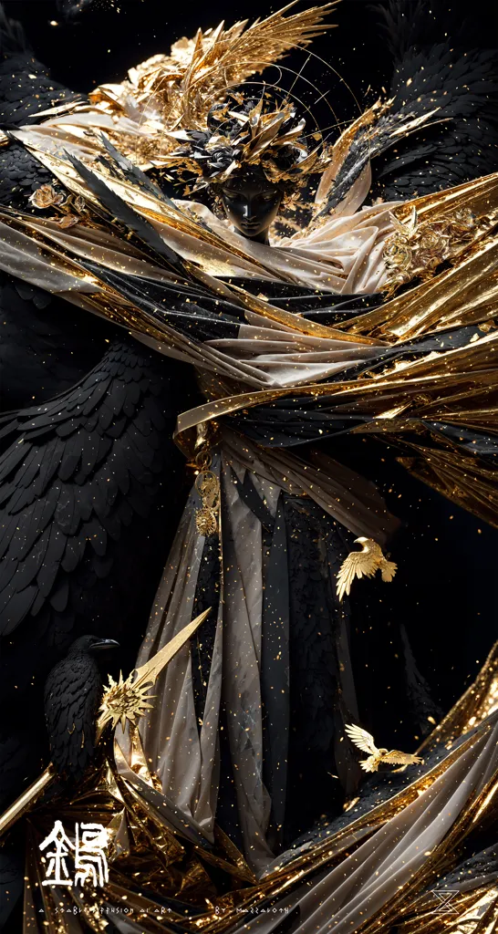 The image is a dark and mysterious figure with a golden crown and black wings. The figure is standing in front of a dark background with a golden halo around its head. The figure is wearing a black and gold robe and has a golden staff in its hand. The figure is surrounded by a number of small, golden birds.