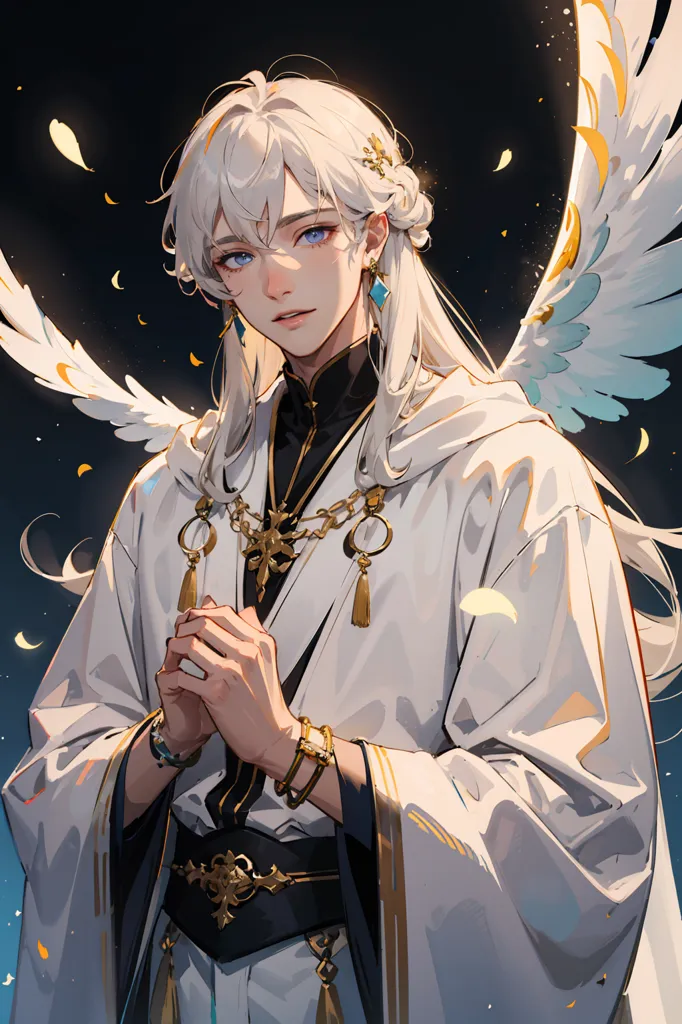 The image is of a beautiful young man with long white hair and blue eyes. He is wearing a white robe with gold trim and has a white cape with gold trim. He is also wearing a gold necklace and has gold bracelets on his wrists. He has a serene expression on his face and is looking down at the viewer. He has white feathered wings.