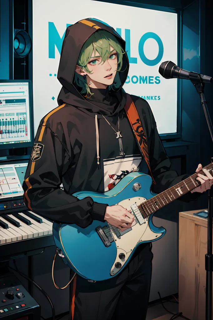 This is a picture of a person playing the guitar. He is standing in front of a microphone. He is wearing a black hoodie with green and orange details. He has green hair and green eyes. He is playing a blue electric guitar. There is a keyboard and a sound mixer behind him.