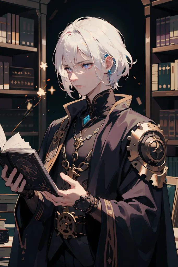 La imagen es de un hombre joven con el cabello blanco y ojos azules. Está vestido con un atuendo steampunk negro y dorado y está leyendo un libro. Está de pie en una biblioteca, rodeado de estanterías de libros. Hay un objeto con forma de engranaje en su hombro derecho.