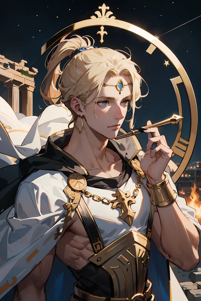 The image is of a young man with long blond hair and blue eyes. He is wearing a white and gold tunic and a gold necklace. He has a laurel wreath on his head and is holding a quill pen. In the background is a ruined city.