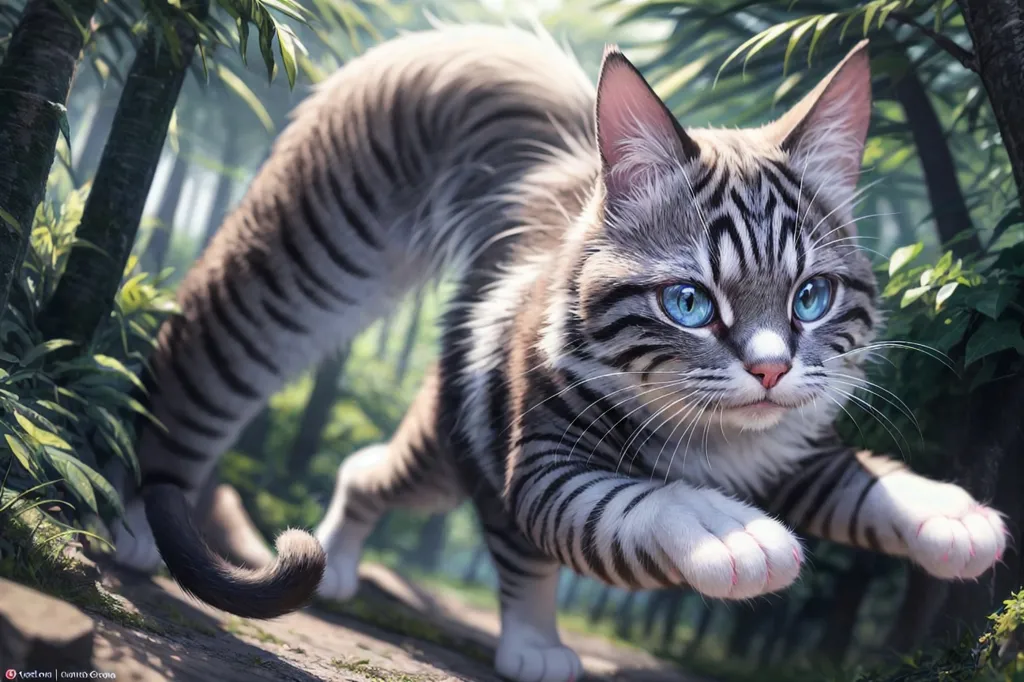 A gray and white striped cat is crouched in the jungle, ready to pounce. Its blue eyes are wide and alert, and its tail is swishing back and forth. The cat is surrounded by tall grass and green leaves. The background is blurred.