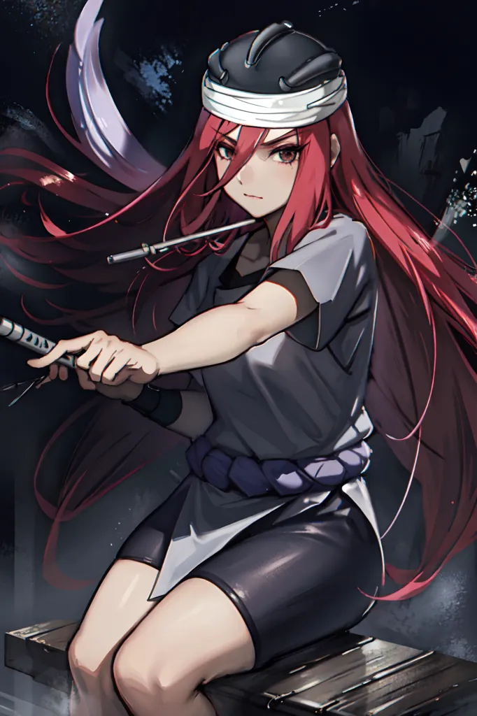 Esta es una imagen de una kunoichi, una ninja femenina, con el cabello rojo largo. Lleva un atuendo gris y morado, y un chaleco antibalas. También lleva una diadema con una placa de metal. Está en posición de combate y sostiene un kunai en su mano derecha. Tiene una expresión seria en su rostro. El fondo es oscuro, con algo de luz proveniente de la derecha.