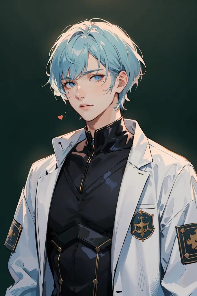 The image is of a young man with blue hair and eyes. He is wearing a white lab coat over a black shirt. The lab coat has a gold trim. He is looking at the viewer with a gentle expression. There is a small pink heart next to his head.