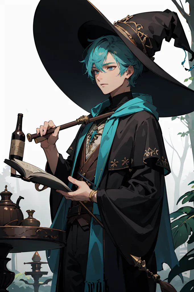 The image is of a young man with blue hair and eyes. He is wearing a black robe with a blue sash and a large black hat. He is holding a book in one hand and a staff in the other. He is standing in a forest, with a table with a bottle and other objects on it to his right.