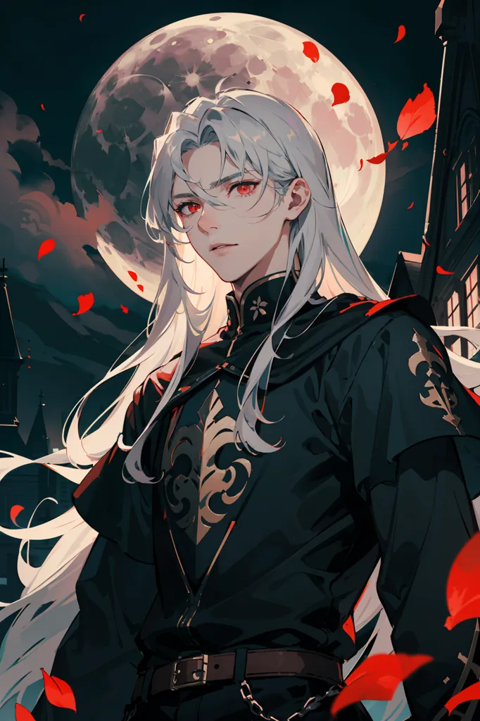 The image is of a young man with long white hair and red eyes. He is wearing a black and red outfit with a white cravat. He is standing in front of a full moon. There are red leaves falling around him. The background is a dark night sky with a castle in the distance.