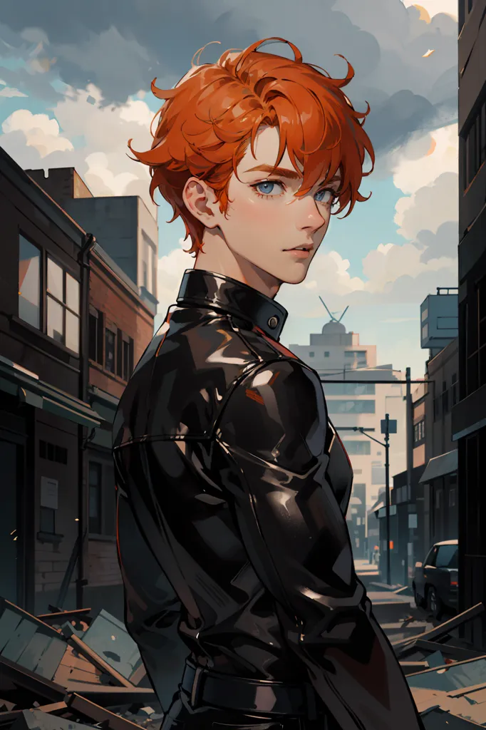 This is an image of a young man with orange hair and blue eyes. He is wearing a black leather jacket and standing in an urban setting. The background is a street with buildings on either side. The sky is cloudy and there is a hint of sunlight peeking through the clouds. The man is looking to the side with a serious expression on his face. He has a confident and determined look in his eyes.