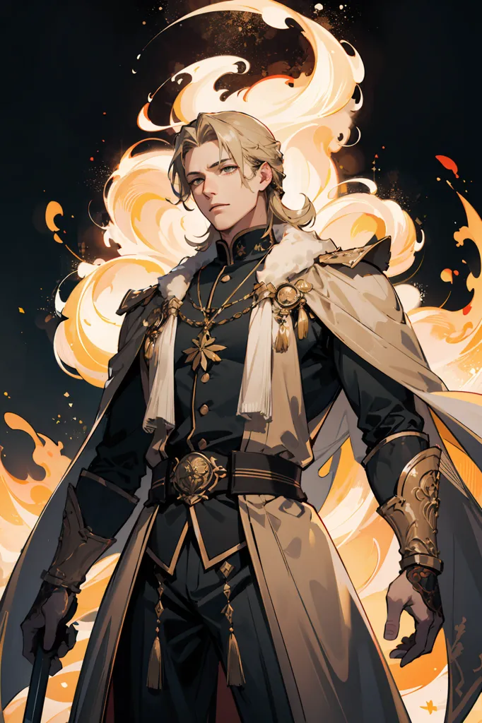 This is an image of a man with blond hair and blue eyes. He is wearing a white cape and a black coat with gold trim. He has a sword in his right hand and a dagger in his left hand. He is standing in front of a wall of fire.