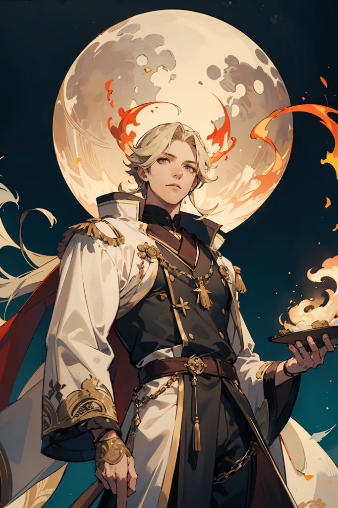 This is an image of a man with long blond hair and red eyes. He is wearing a white and gold outfit with a long red cape. He is holding a plate with a lit candle on it. There is a large moon in the background. The man is standing in front of a dark blue background with a glowing white circle around him. He has a serious expression on his face.