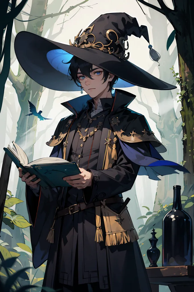 The image is of a young man with short black hair and blue eyes. He is wearing a black hat with a wide brim and a blue robe with gold trim. He is also wearing a brown belt with a gold buckle. He is standing in a forest, and there is a blue bird perched on his shoulder. He is holding a book in his left hand. There is a chessboard on a table to his right with a wine bottle on the table.