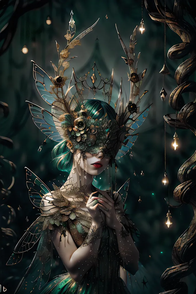 The image is a portrait of a woman wearing a butterfly mask and a headdress made of antlers and flowers. She is also wearing a green dress with butterfly wings. The background is dark and there are some lights in the background. The woman's hair is green and she has red lips.