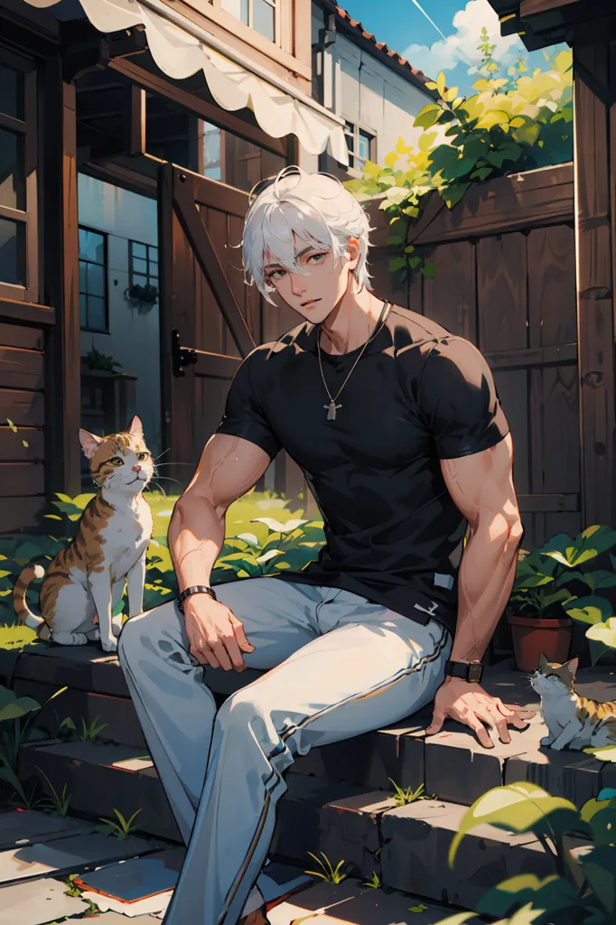 The image is of a young man with white hair and silver eyes. He is sitting on the steps of a house, with a cat on his lap and another cat sitting beside him. The man is wearing a black t-shirt and white jeans. He has a necklace with a cross on it. The background of the image is a house with a garden. The house is made of wood and has a white fence around it. The garden is full of plants and flowers. The sky is blue and there are some clouds in the sky.