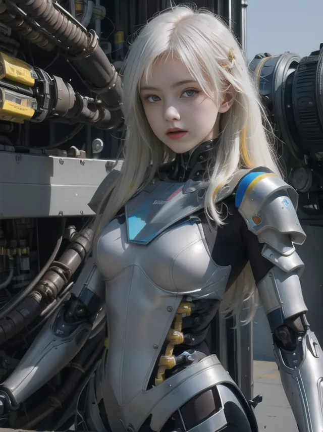 The image depicts a beautiful woman with long white hair and blue eyes. She is wearing a silver and black bodysuit with a high collar. The suit has yellow detailing. She is also wearing a silver and black helmet with a yellow visor. She is standing in front of a large machine.