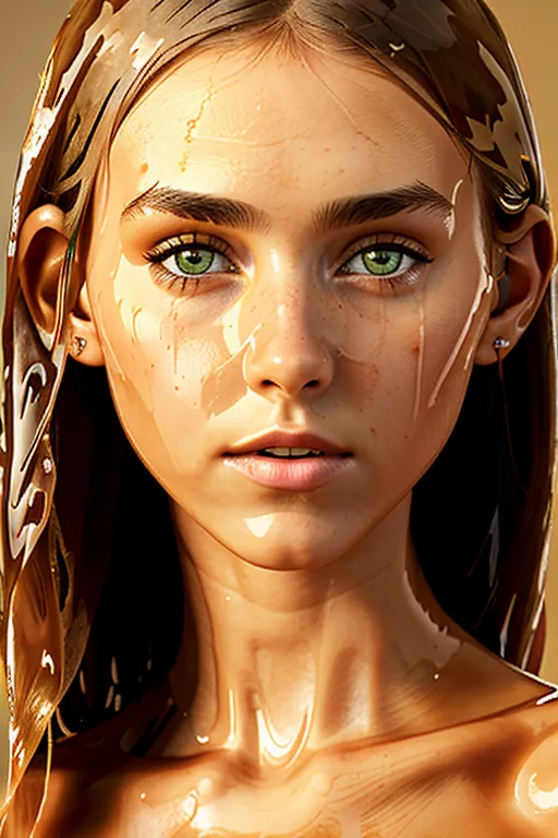 The image is a portrait of a young woman. She has long, wavy brown hair that is wet and dripping with honey. Her skin is tan and flawless, and her eyes are a deep green color. She is wearing a white dress that is also wet and dripping with honey. The background is a light brown color, and there is a small amount of light reflecting on her face. The image is very realistic, and the woman's expression is one of pure bliss.