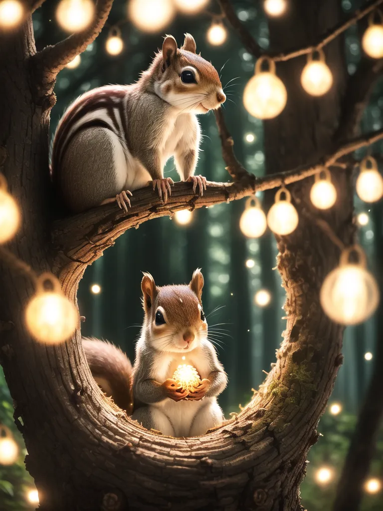 There are two squirrels in the picture. They are sitting on a branch of a tree. The branch is decorated with many small lights. One squirrel is holding a glowing orb in its paws. The squirrels are looking at each other. The background is a forest with many trees. The picture is taken from a low angle, making the squirrels look majestic.