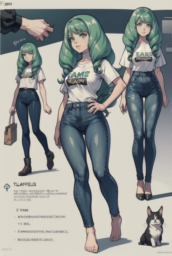 The image shows an anime-style character with green hair and green eyes. She is wearing a white shirt that says \