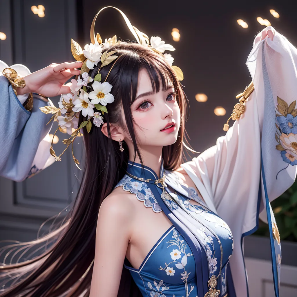 The image shows a beautiful young woman with long black hair and brown eyes. She is wearing a traditional Chinese dress with a blue and white floral pattern. The dress has a high collar and is sleeveless. She is also wearing a white sash with a blue flower pattern. Her hair is styled with a half-up, half-down hairstyle and she is wearing a white flower crown. She is standing in front of a dark background with a slight spotlight on her.