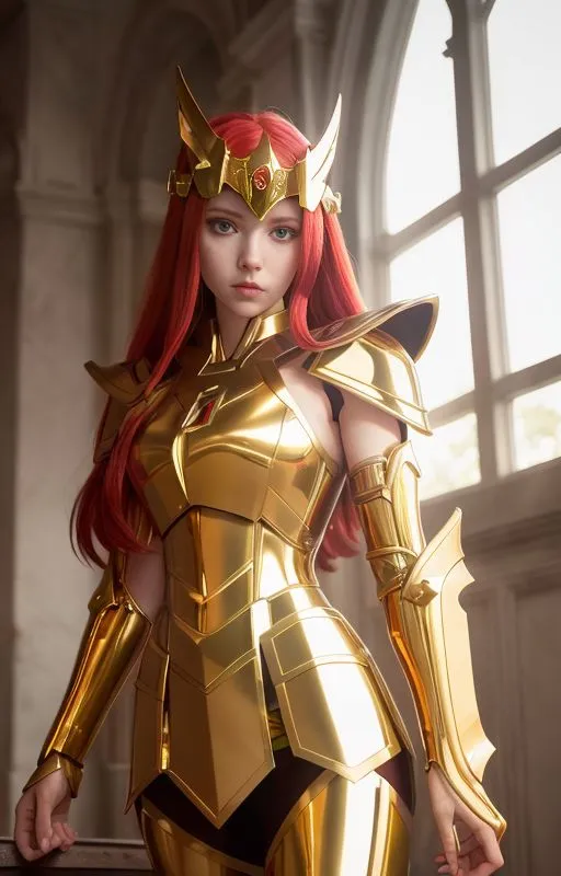 The image shows a young woman with long red hair and green eyes. She is wearing a golden armor and a golden crown. The armor has a red cape and the crown has a red jewel in the center. She is standing in a room with a large window behind her.