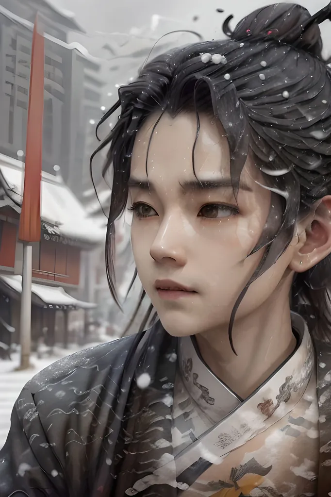 A imagem mostra um homem jovem com cabelos pretos longos e olhos castanhos. Ele está usando um traje tradicional chinês preto e branco. Está nevando e o fundo está desfocado.