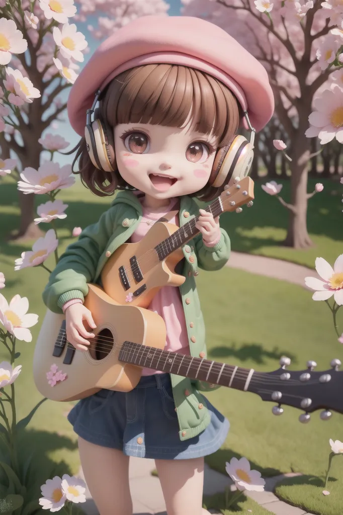 この画像には、花畑の中で guitar を弾いている少女が写っています。彼女は、ピンクのベレー帽、緑のジャケット、そして青いスカートを着ています。彼女は茶色の髪と大きな茶色の目をしており、笑顔で幸せそうに見えます。彼女の周りには白と pink の花がたくさん咲いています。