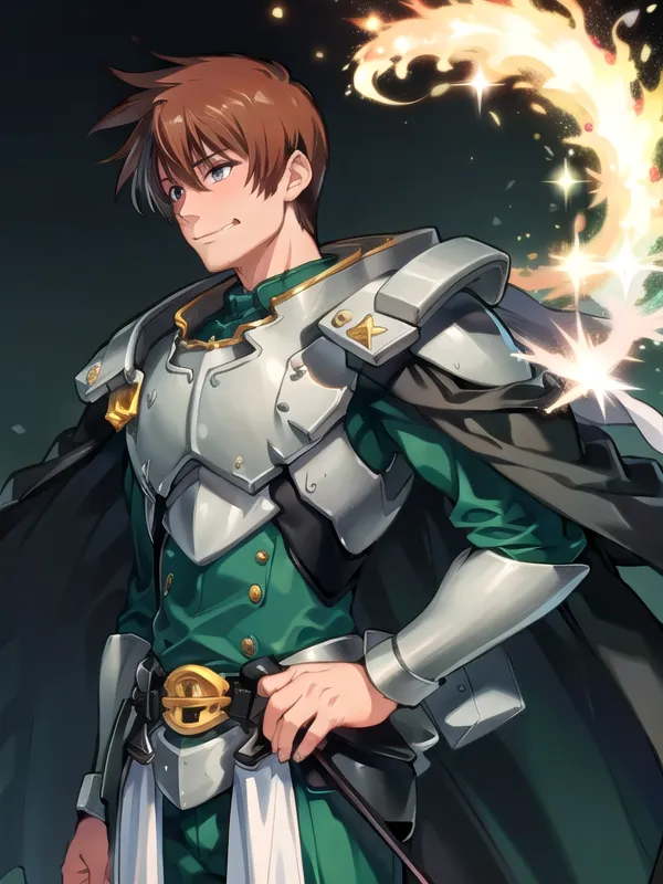 This is an image of a young man with brown hair and blue eyes. He is wearing a green tunic with silver armor over it. He has a sword in his right hand and a book in his left hand. He is standing in front of a dark background with a bright light in the top right corner.