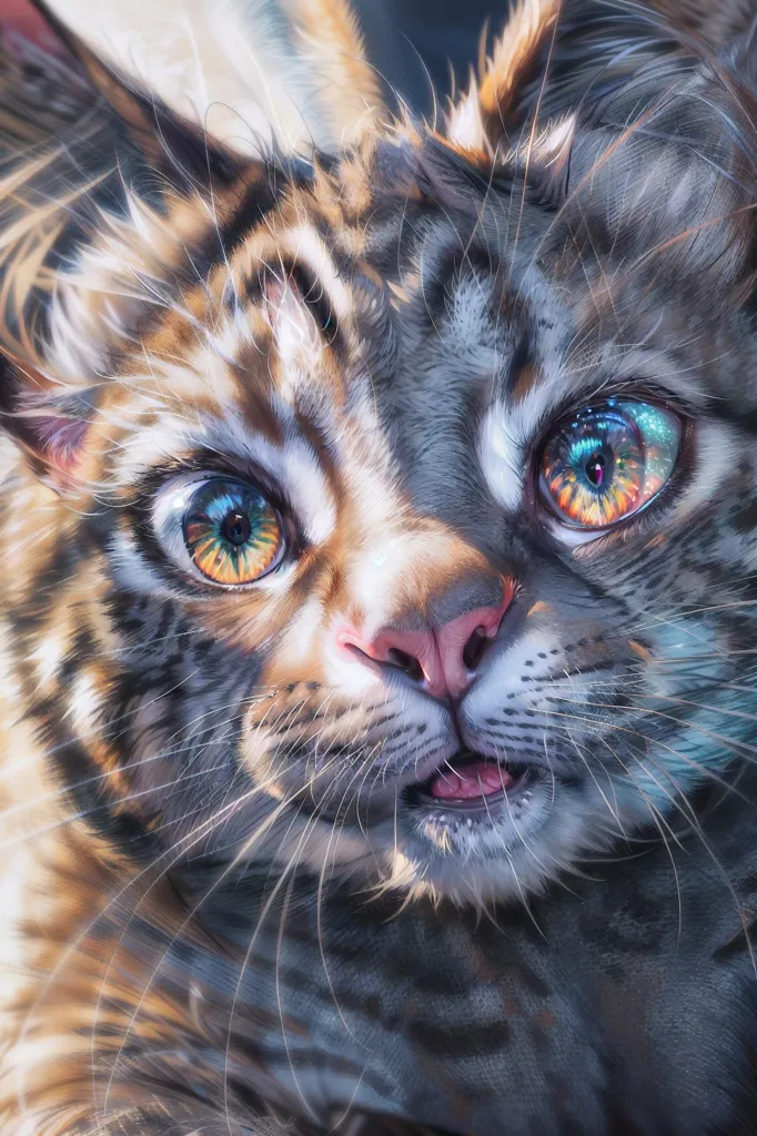 Gambar ini adalah close-up wajah seekor kucing. Kucing itu memiliki mata yang lebar dan berbentuk almond dengan warna biru yang dalam dengan pantulan pelangi. Bulunya berwarna abu-abu muda dengan garis-garis abu-abu yang lebih gelap dan putih di perut dan kakinya. Hidung kucing itu berwarna merah muda dan mulutnya sedikit terbuka. Kumisnya panjang dan berwarna putih. Latar belakangnya adalah blur warna terang dan gelap.