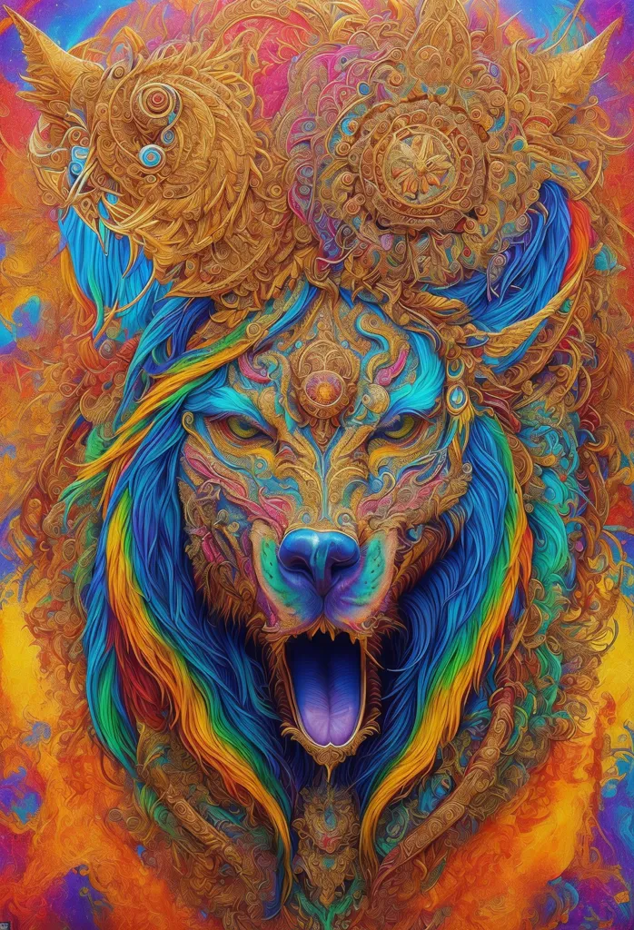 Esta es una imagen de la cara de un león multicolor. El fondo es naranja y amarillo con un degradado a un azul oscuro en la parte superior. La cara del león es azul, verde, amarillo y naranja con intrincados patrones dorados sobre la cara y la cabeza. La boca del león está abierta y tiene una lengua grande.