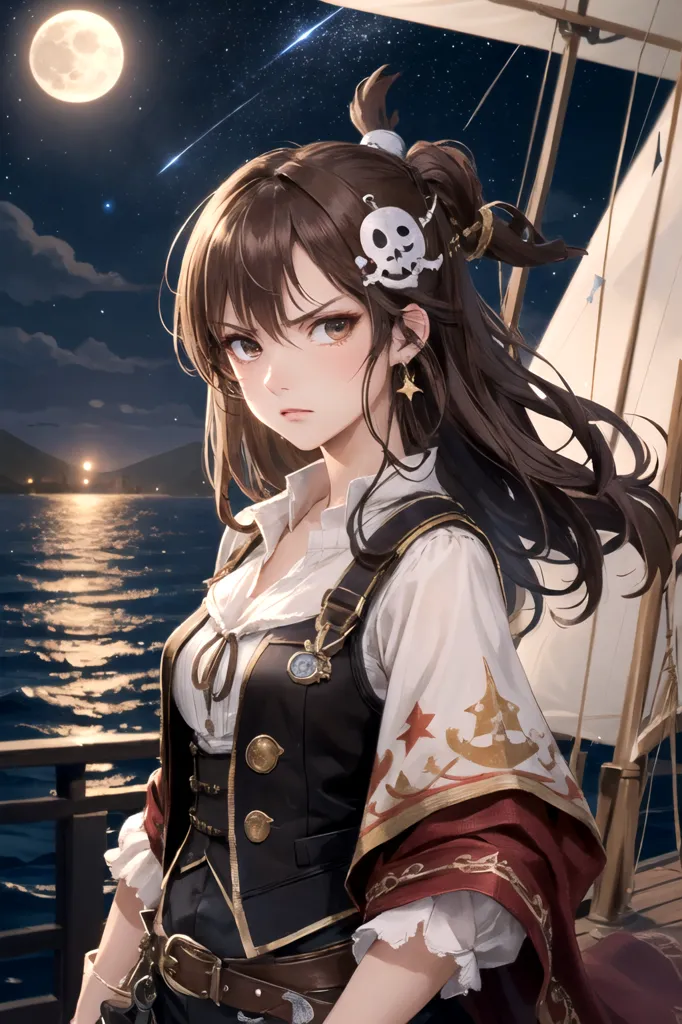 This is an image of a young woman standing on the deck of a ship. She is dressed in a pirate costume, with a white shirt, black vest, and brown boots. She has a sword in her hand and a skull-shaped hairpin in her hair. The ship is at sea, with a full moon in the background. The woman is looking at the viewer with a serious expression.