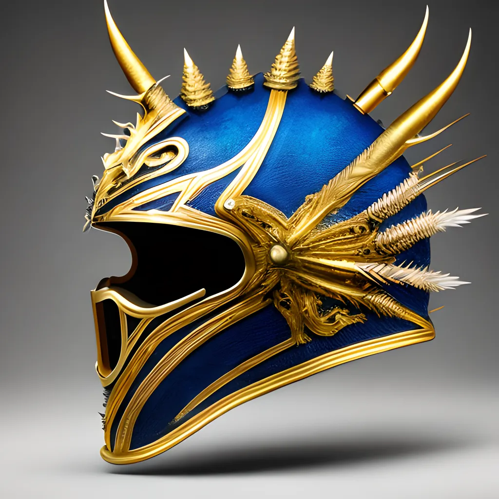 Gambar ini adalah rendering 3D dari helm biru dan emas. Helm ini memiliki visor dan dihiasi dengan duri dan bulu emas. Helm ini terbuat dari logam dan memiliki permukaan yang berkilau. Latar belakangnya adalah gradien abu-abu gelap.