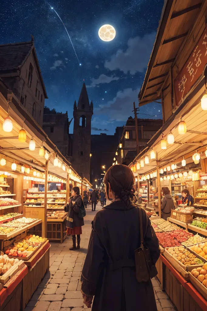 A imagem é uma representação de um mercado à noite. O céu está escuro e há uma lua cheia. O mercado é iluminado por uma variedade de lanternas e luzes. Há pessoas andando e fazendo compras. Também há uma variedade de barracas vendendo diferentes tipos de mercadorias. A arquitetura do mercado é uma mistura de tradicional e moderno. Existem alguns edifícios antigos com fachadas de madeira e também alguns edifícios modernos com vidro e aço. O ambiente geral do mercado é animado e movimentado.