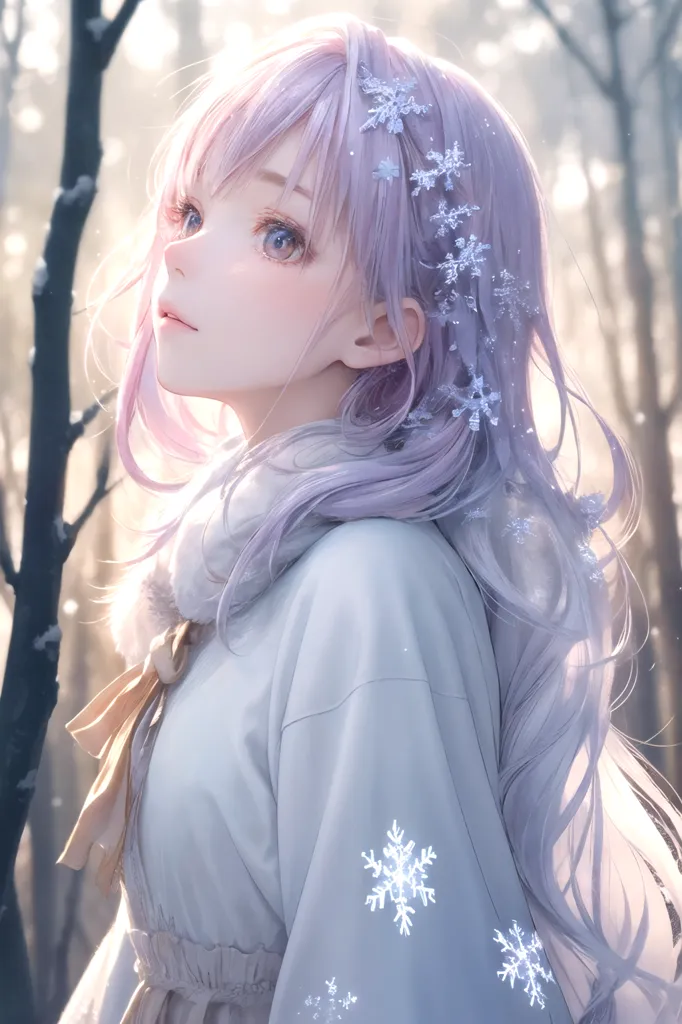 The image is a portrait of a beautiful anime girl with long purple hair and blue eyes. She is wearing a white dress with a fur collar. There are snowflakes in her hair and on her dress. The background is a blurred forest with trees. The overall tone of the image is soft and romantic.