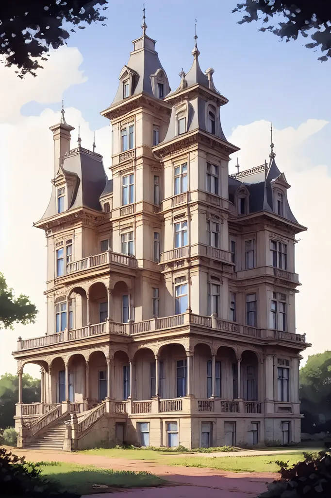 L'image montre une grande maison victorienne de trois étages. Elle est construite en pierre avec un toit en ardoise grise. La maison a de nombreuses fenêtres et une grande véranda avec des colonnes. Il y a une pelouse devant la maison avec quelques arbres.