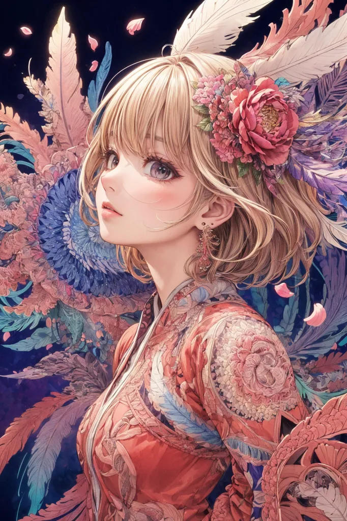 The image is a painting of a young woman with short blonde hair and purple eyes. She is wearing a pink and blue kimono with floral patterns. There are also some white feathers in her hair. The background is dark blue with some light blue and purple flowers. The painting is very detailed and the colors are vibrant. The woman's expression is serene and she seems to be lost in thought.