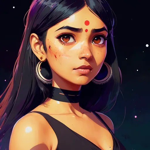 The image is a portrait of a young woman with dark skin and long black hair. She is wearing a black choker and a black tank top. She has a red dot on her forehead and a small scar on her left cheek. Her eyes are brown and she has long, black eyelashes. She is looking at the viewer with a serious expression. The background is dark blue with a few white stars.