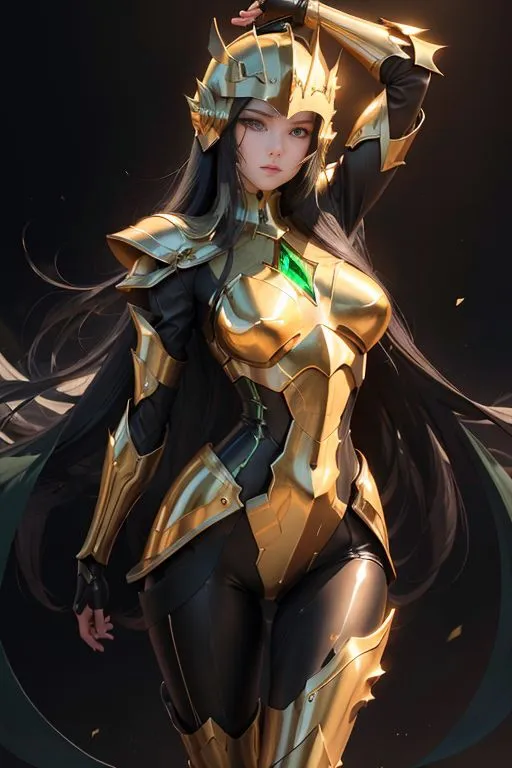 This image shows a woman wearing golden armor. The armor has green gems embedded in various places. She has long black hair and green eyes. She is standing with her left hand on her head and her right hand on her hip. She is wearing a confident expression on her face.