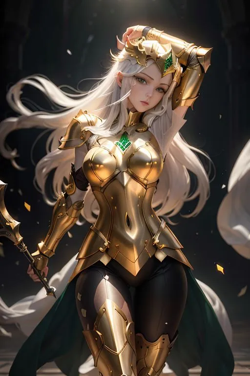 The image shows a beautiful woman with long white hair and green eyes. She is wearing a golden armor with green gems. She is also wearing a white cape. She is holding a sword in her right hand. She is standing in a dark room with a light shining down on her.