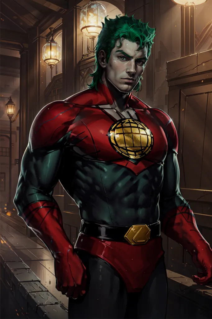 This is an image of a superhero. He is wearing a red and green suit with a yellow belt and a yellow circle with a globe on his chest. He has green hair and blue eyes. He is standing in a dark place with a stone floor. There are some lanterns on the walls.