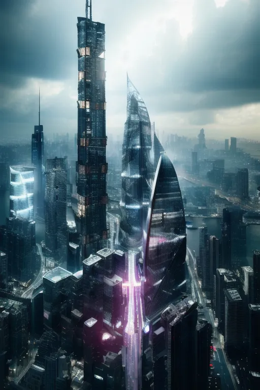 The image shows a futuristic city with tall skyscrapers and flying cars. The buildings are made of glass and metal and have a lot of lights on them. The sky is cloudy and there is a river running through the city.