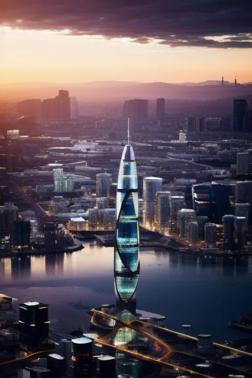 L'image montre une ville futuriste avec une tour haute et torsadée au centre. La tour est faite de verre et d'acier et a une forme organique unique. Elle est entourée d'autres bâtiments de grande hauteur, et une rivière traverse la ville. Le ciel est un dégradé d'orange et de rose, et le soleil se couche.