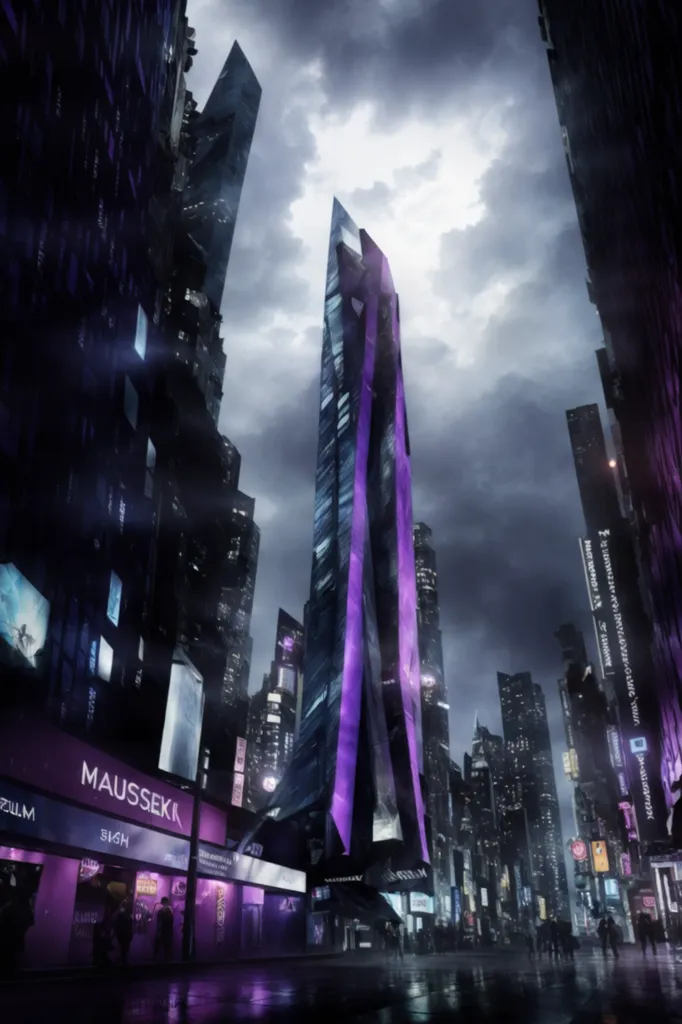 The image is a dark and rainy cityscape. The buildings are tall and narrow, and the streets are wet and empty. There is a purple light shining from the top of one of the buildings. The image is full of atmosphere and mystery.